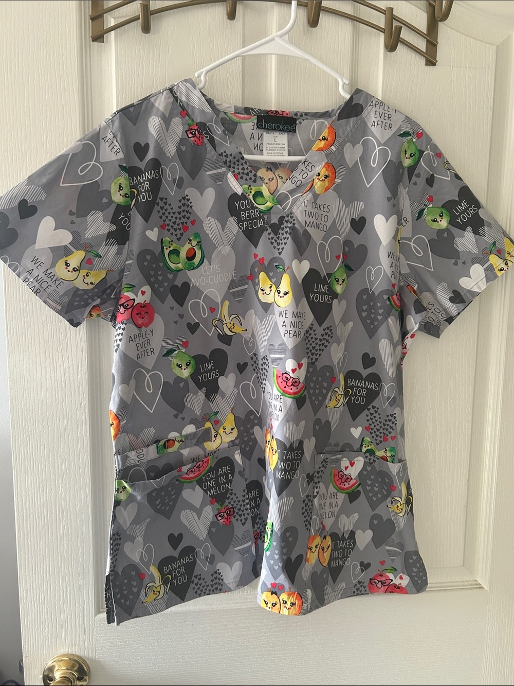Cherokee Gray Scrub Top with Colorful Fruit Cartoon Print